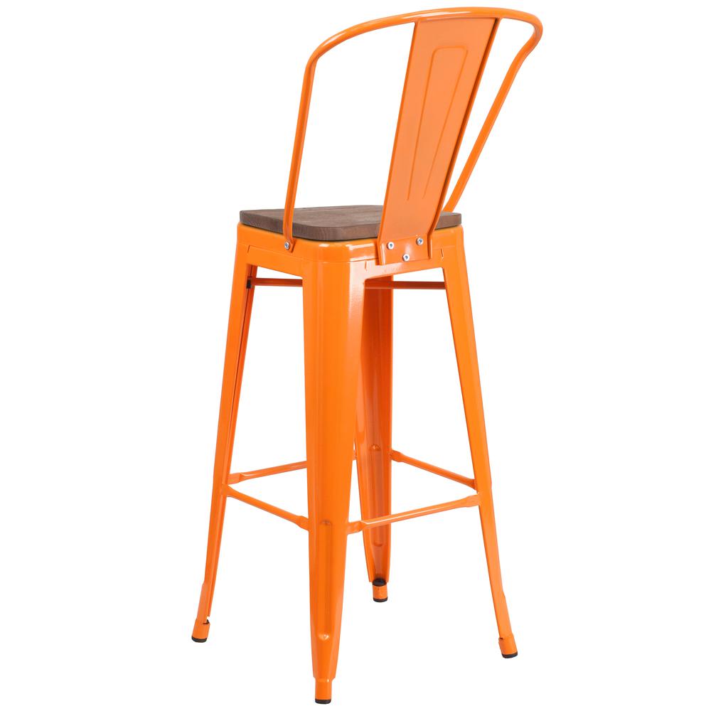 30" High Orange Metal Barstool with Back and Wood Seat. Picture 3