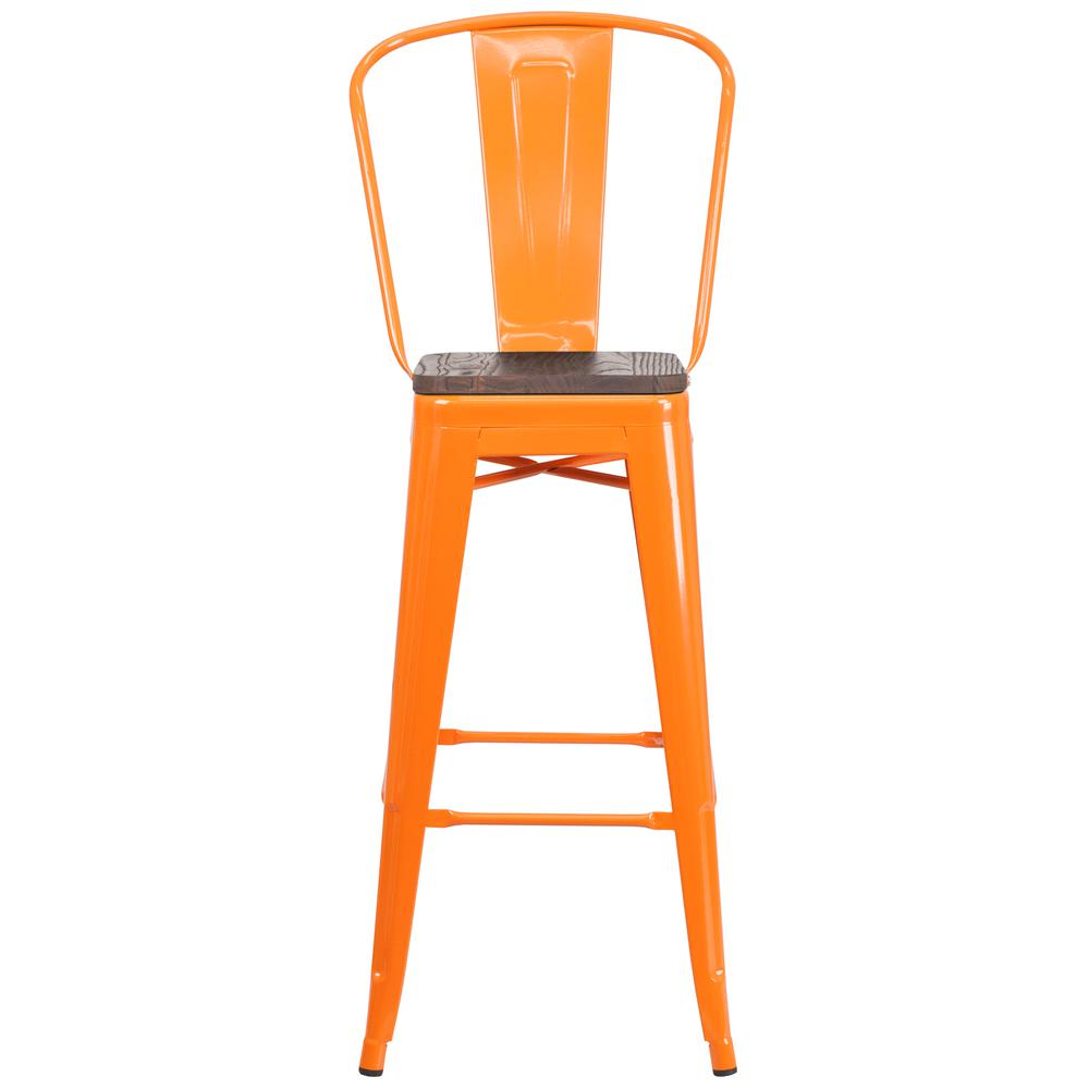 30" High Orange Metal Barstool with Back and Wood Seat. Picture 4