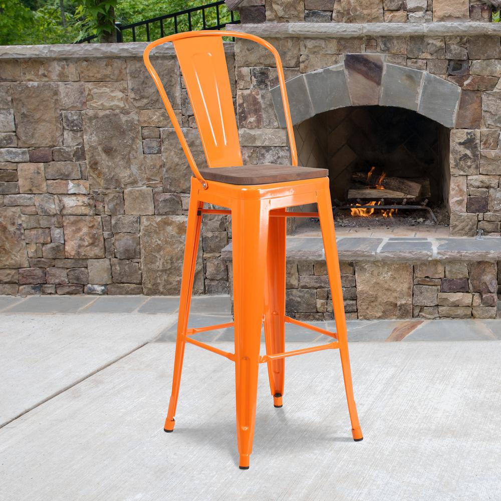 30" High Orange Metal Barstool with Back and Wood Seat. Picture 5
