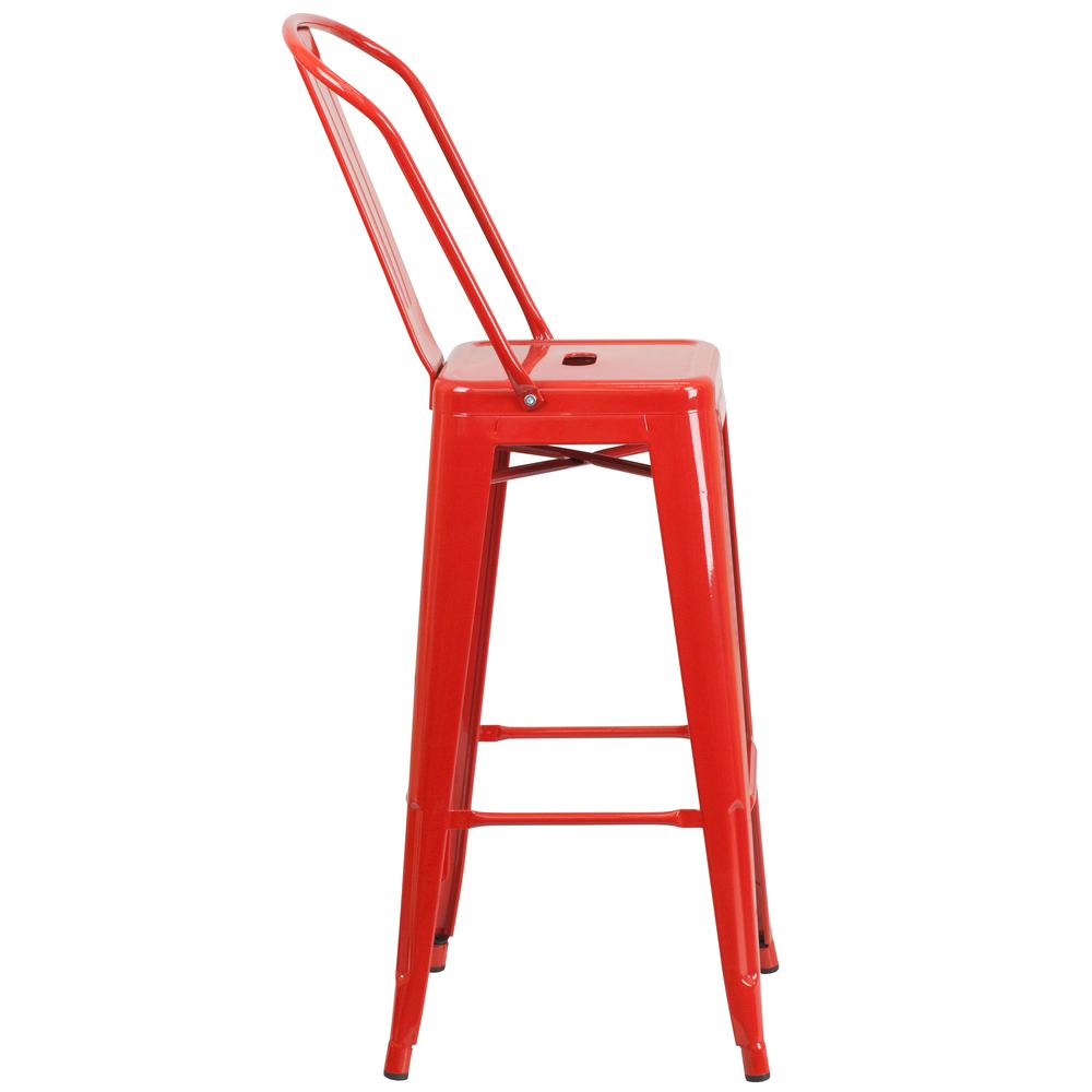 Commercial Grade 30" High Red Metal Indoor-Outdoor Barstool with Removable Back. Picture 2