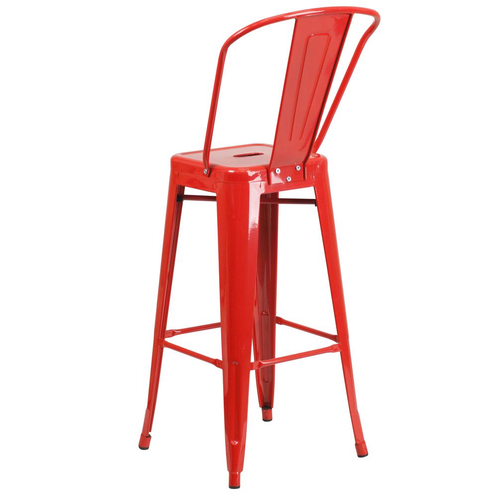 Commercial Grade 30" High Red Metal Indoor-Outdoor Barstool with Removable Back. Picture 3