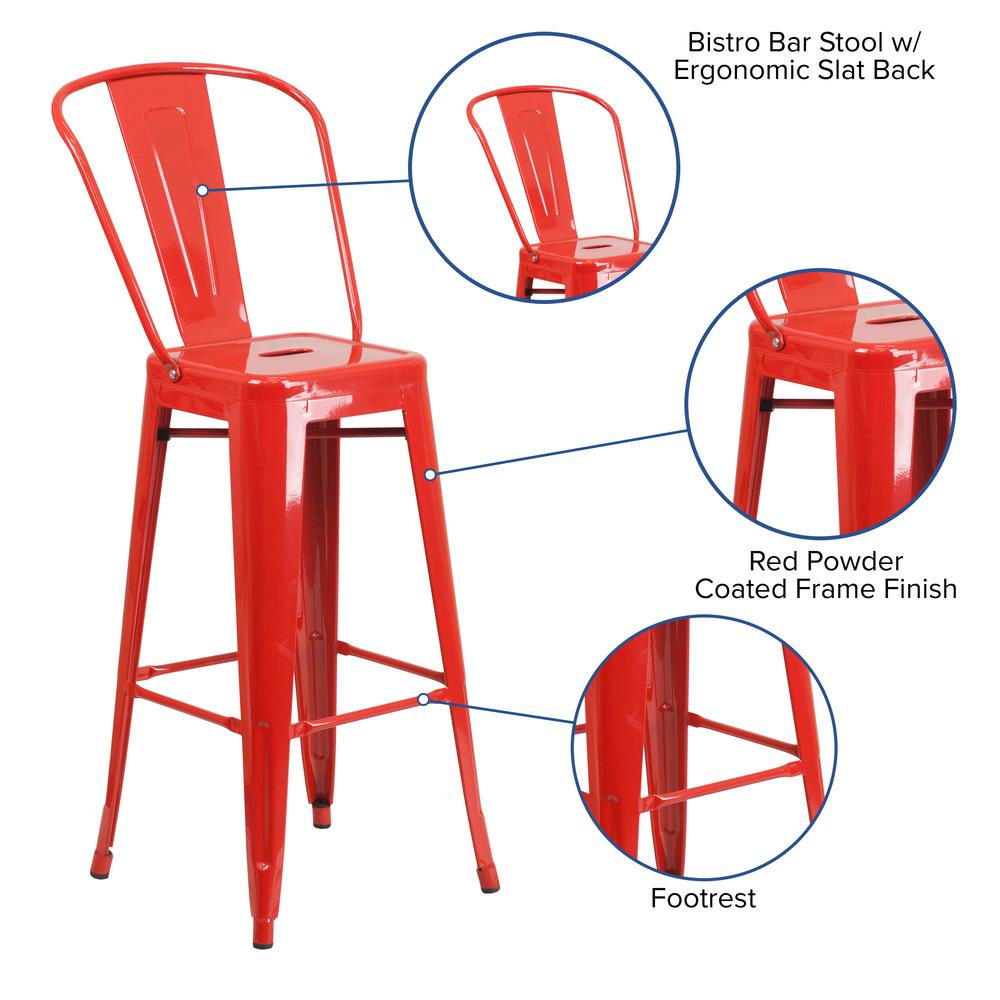 Commercial Grade 30" High Red Metal Indoor-Outdoor Barstool with Removable Back. Picture 5