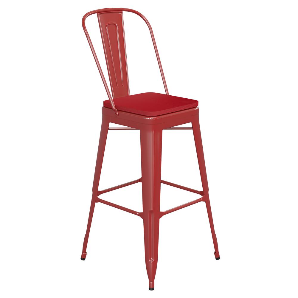 30" High Red Metal Bar Height Stool with Red All-Weather Poly Resin Seat. Picture 2