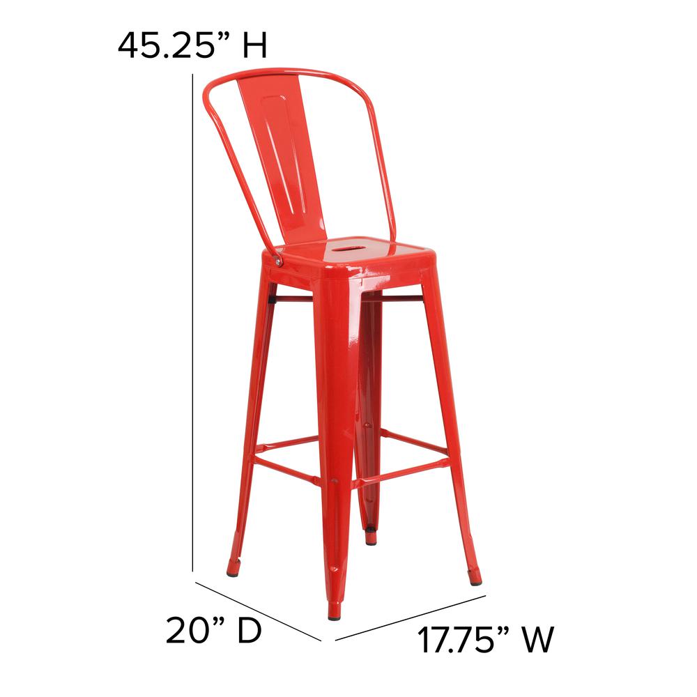 30" High Red Metal Bar Height Stool with Red All-Weather Poly Resin Seat. Picture 5