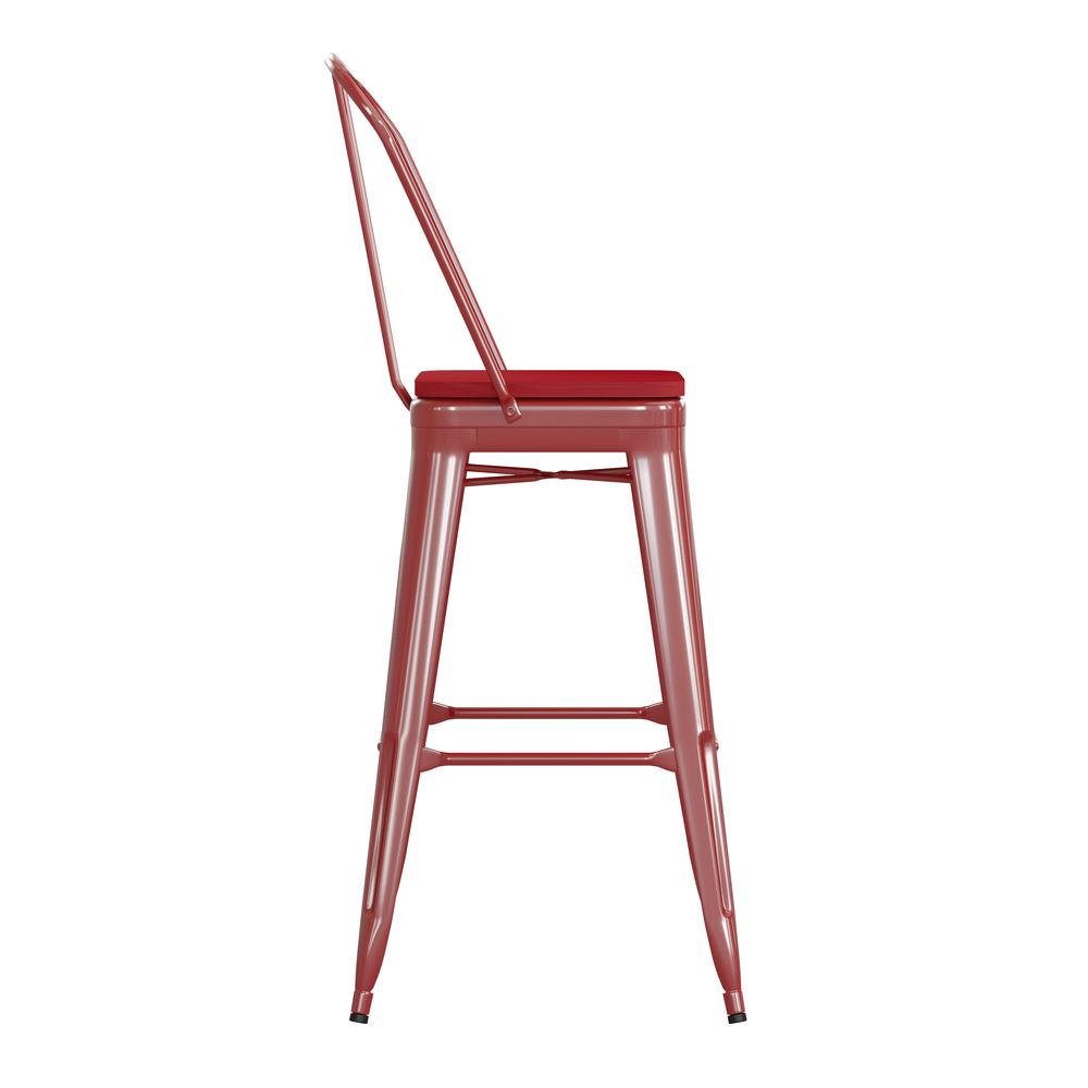 30" High Red Metal Bar Height Stool with Red All-Weather Poly Resin Seat. Picture 10