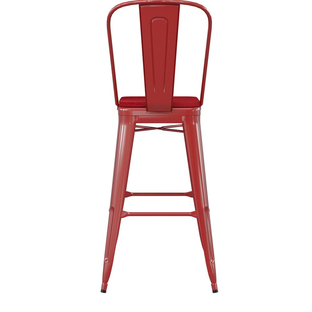 30" High Red Metal Bar Height Stool with Red All-Weather Poly Resin Seat. Picture 9