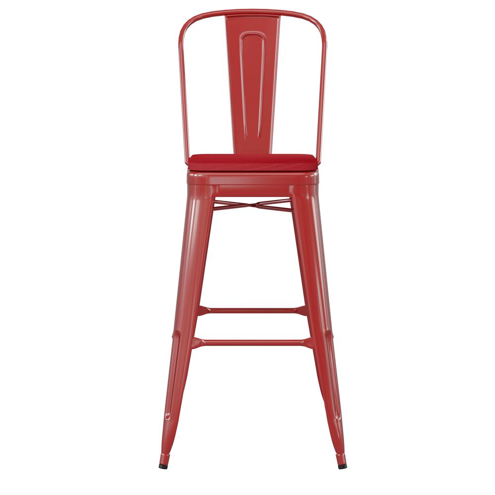 30" High Red Metal Bar Height Stool with Red All-Weather Poly Resin Seat. Picture 11