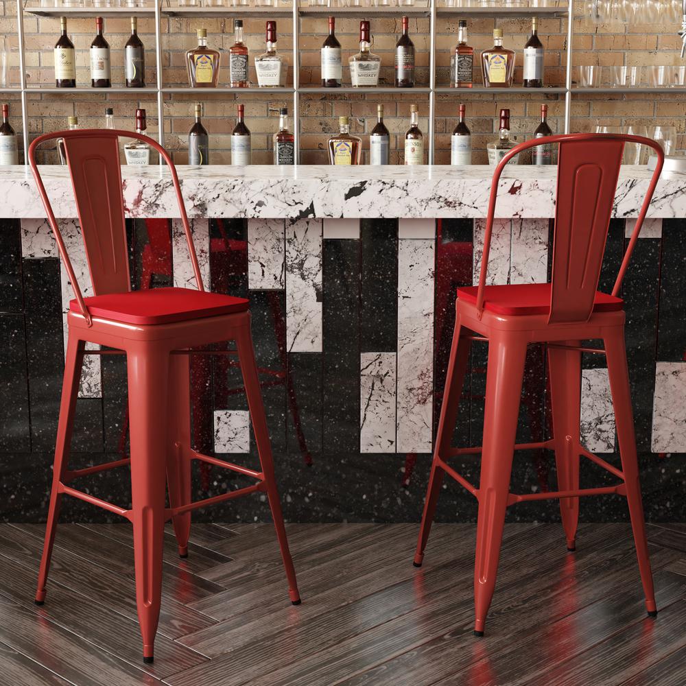 30" High Red Metal Bar Height Stool with Red All-Weather Poly Resin Seat. Picture 7