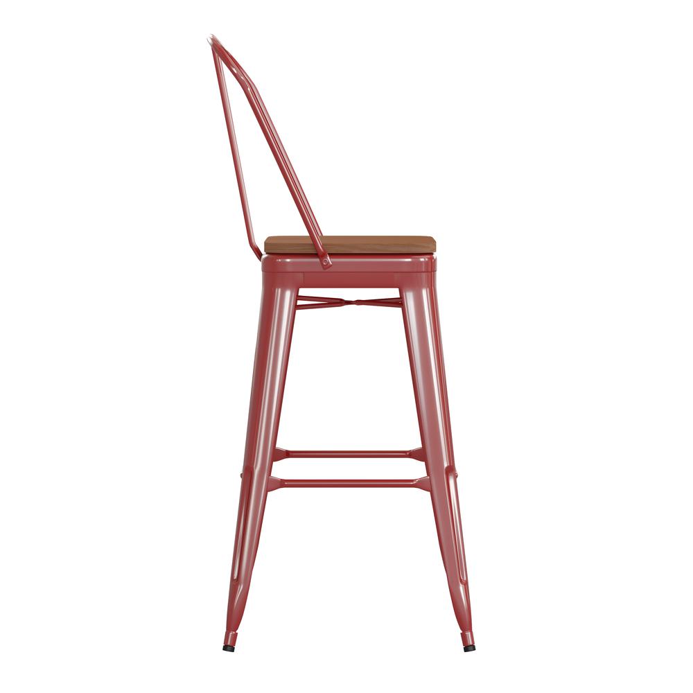 30" High Red Metal Bar Height Stool with Teak All-Weather Poly Resin Seat. Picture 10