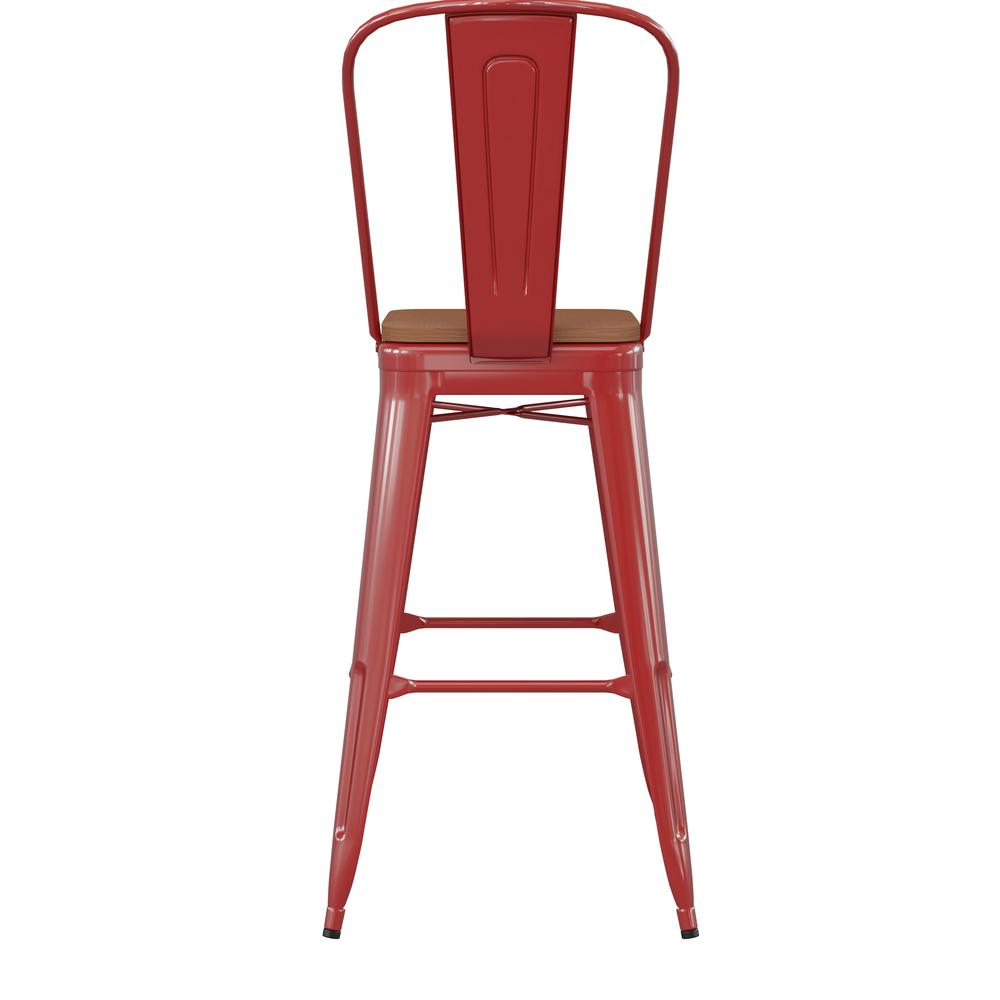 30" High Red Metal Bar Height Stool with Teak All-Weather Poly Resin Seat. Picture 9