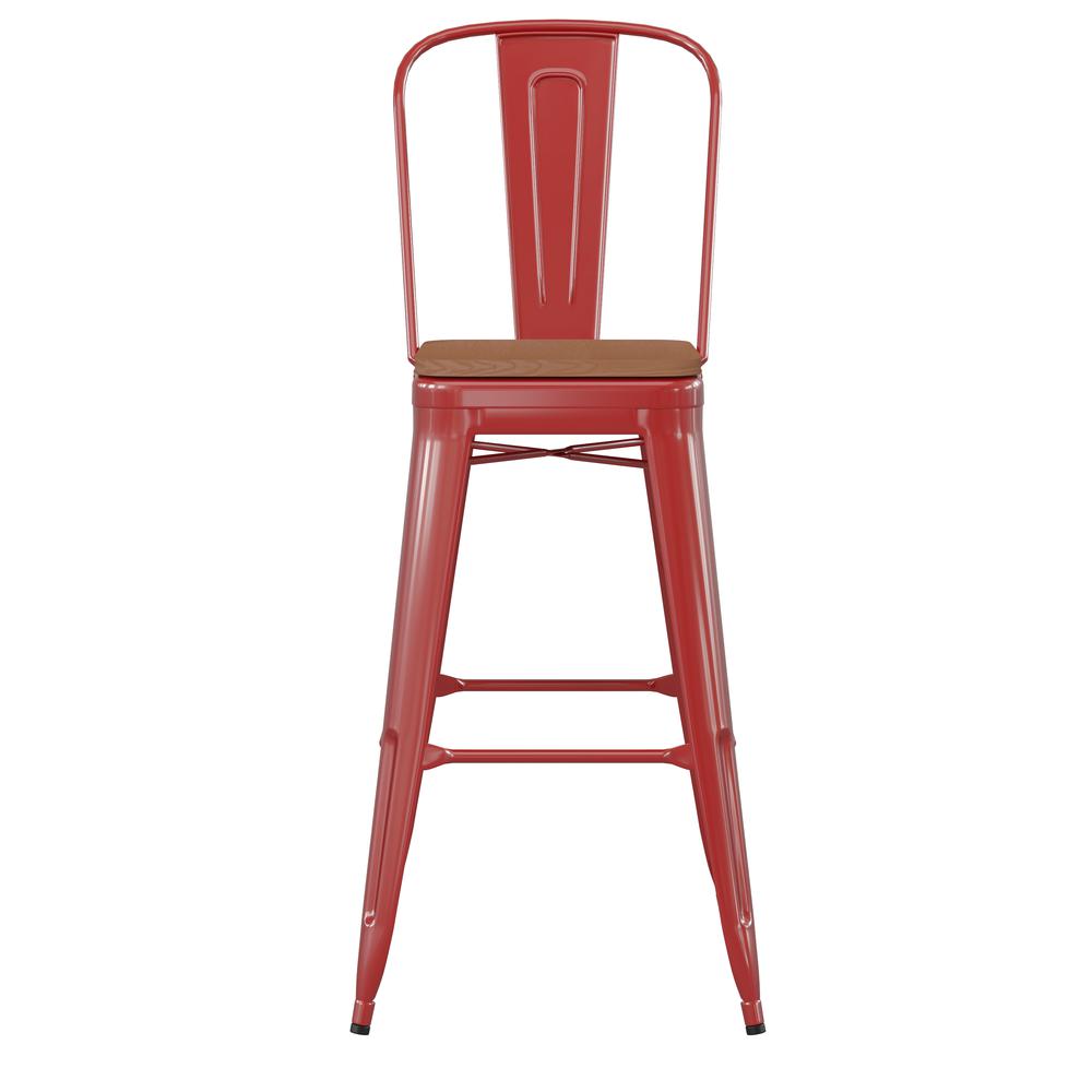 30" High Red Metal Bar Height Stool with Teak All-Weather Poly Resin Seat. Picture 11