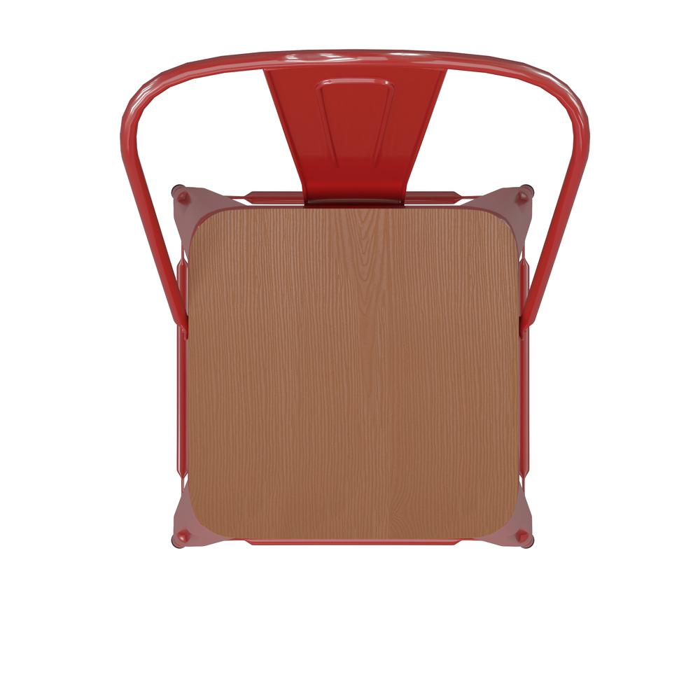 30" High Red Metal Bar Height Stool with Teak All-Weather Poly Resin Seat. Picture 12