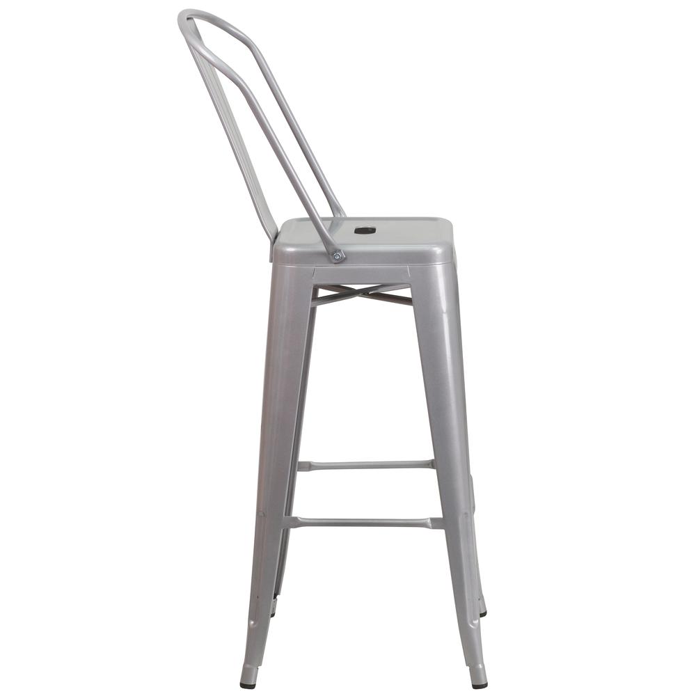 Commercial Grade 30" High Silver Metal Indoor-Outdoor Barstool with Removable Back. Picture 2