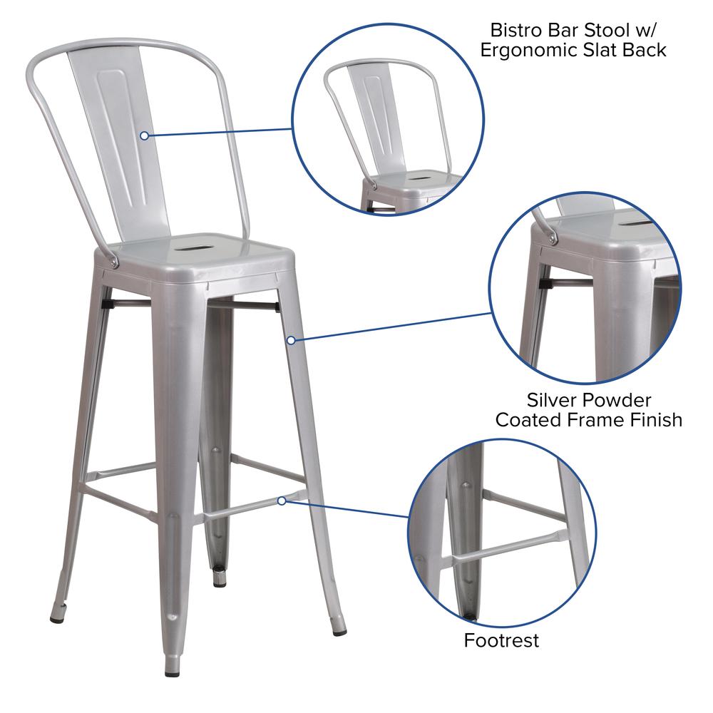 Commercial Grade 30" High Silver Metal Indoor-Outdoor Barstool with Removable Back. Picture 5