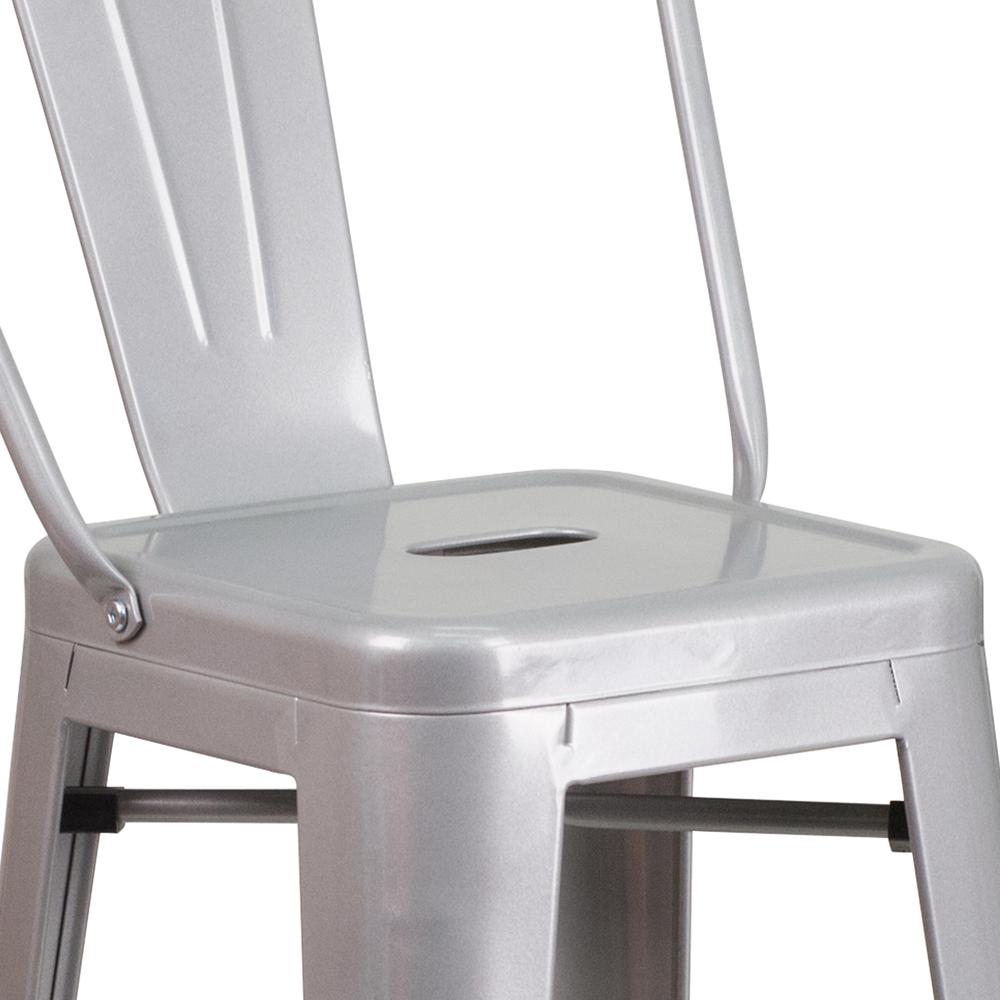 Commercial Grade 30" High Silver Metal Indoor-Outdoor Barstool with Removable Back. Picture 6