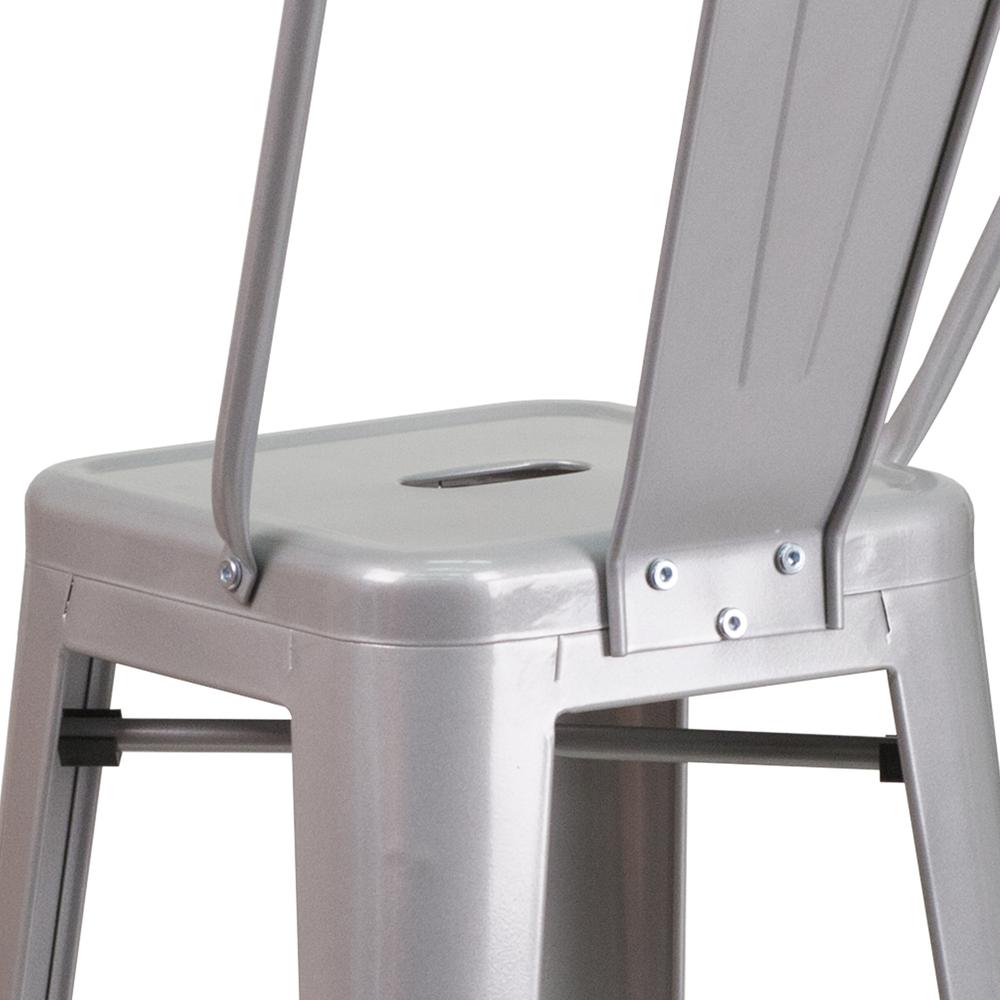 Commercial Grade 30" High Silver Metal Indoor-Outdoor Barstool with Removable Back. Picture 7
