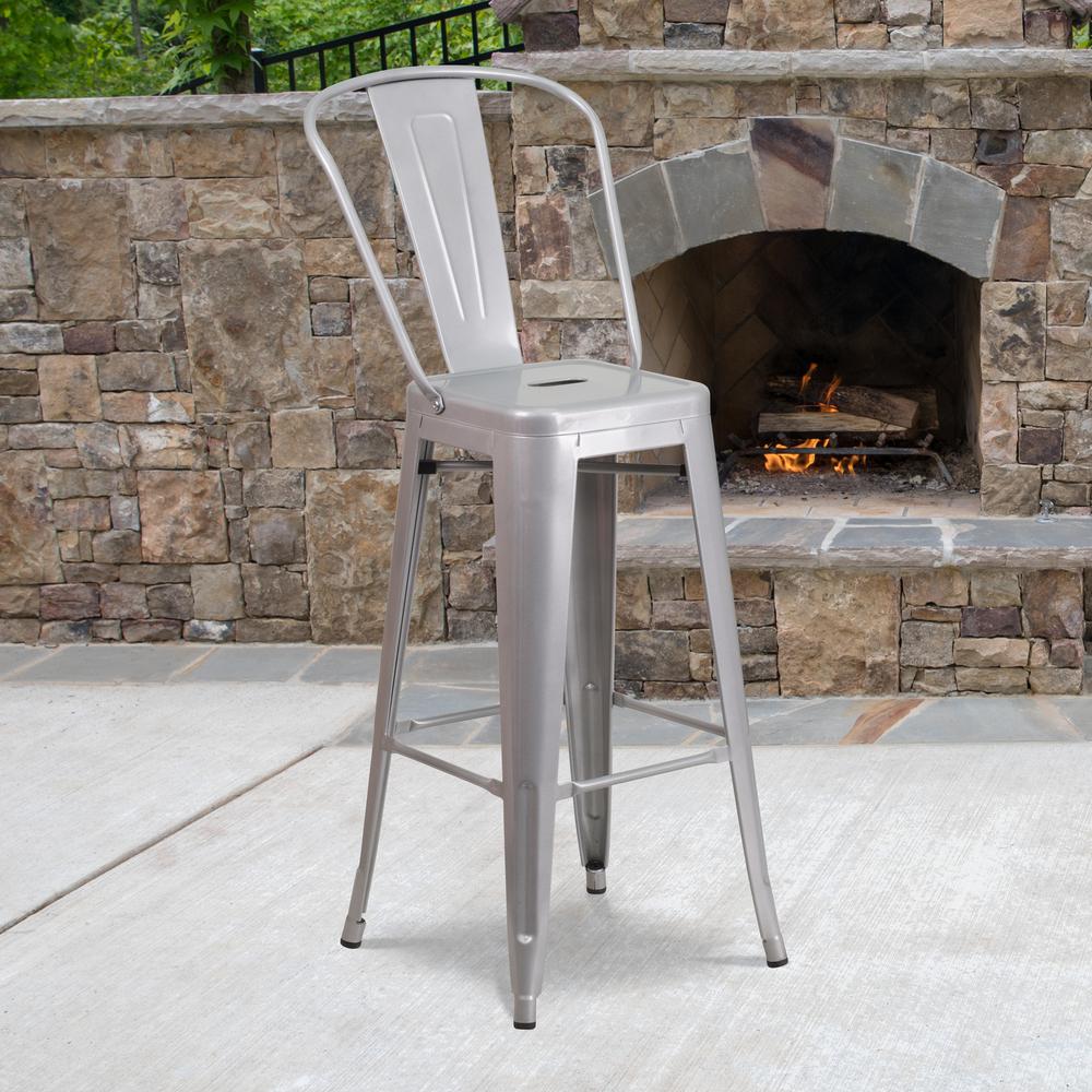 Commercial Grade 30" High Silver Metal Indoor-Outdoor Barstool with Removable Back. Picture 8