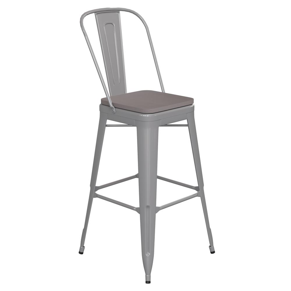 30" High Silver Metal Bar Height Stool with Gray All-Weather Poly Resin Seat. Picture 2
