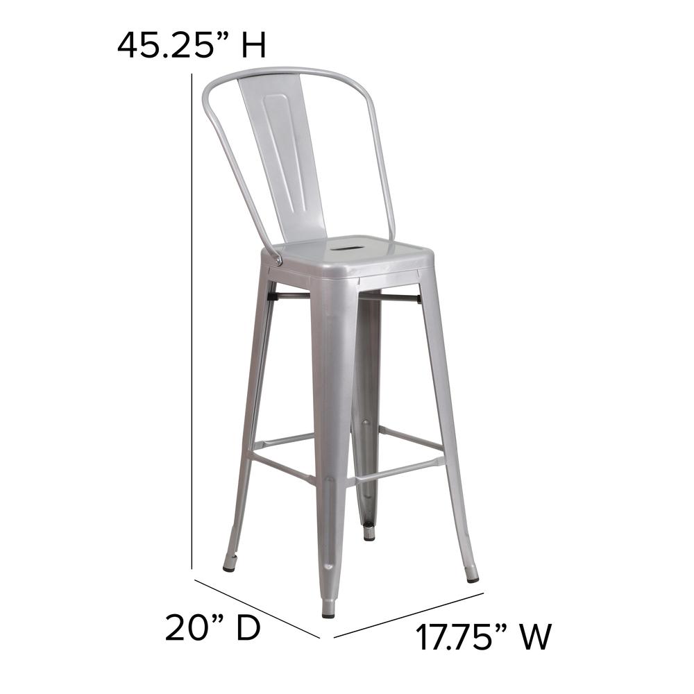 30" High Silver Metal Bar Height Stool with Gray All-Weather Poly Resin Seat. Picture 5