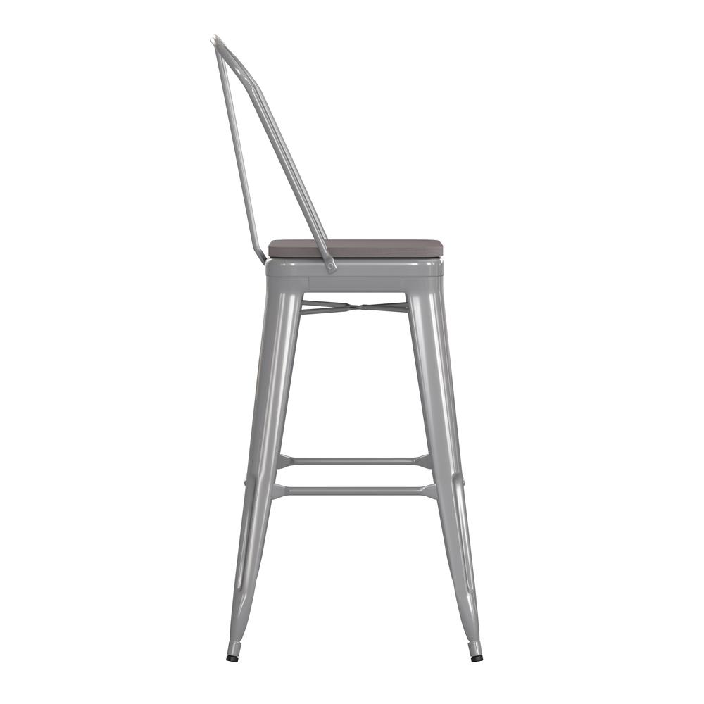 30" High Silver Metal Bar Height Stool with Gray All-Weather Poly Resin Seat. Picture 10