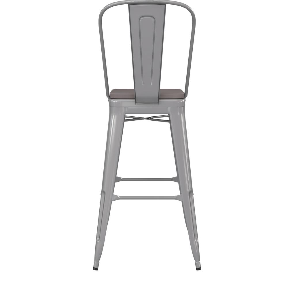 30" High Silver Metal Bar Height Stool with Gray All-Weather Poly Resin Seat. Picture 9