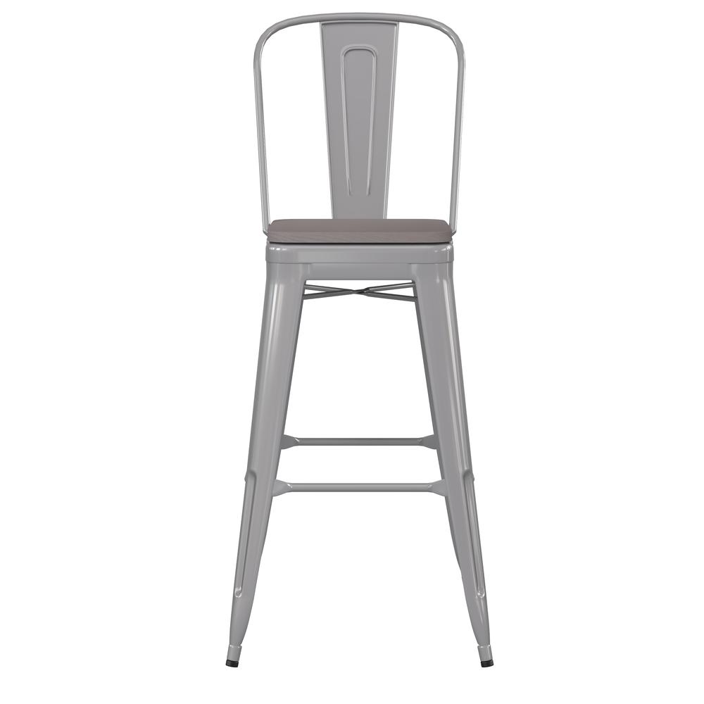 30" High Silver Metal Bar Height Stool with Gray All-Weather Poly Resin Seat. Picture 11