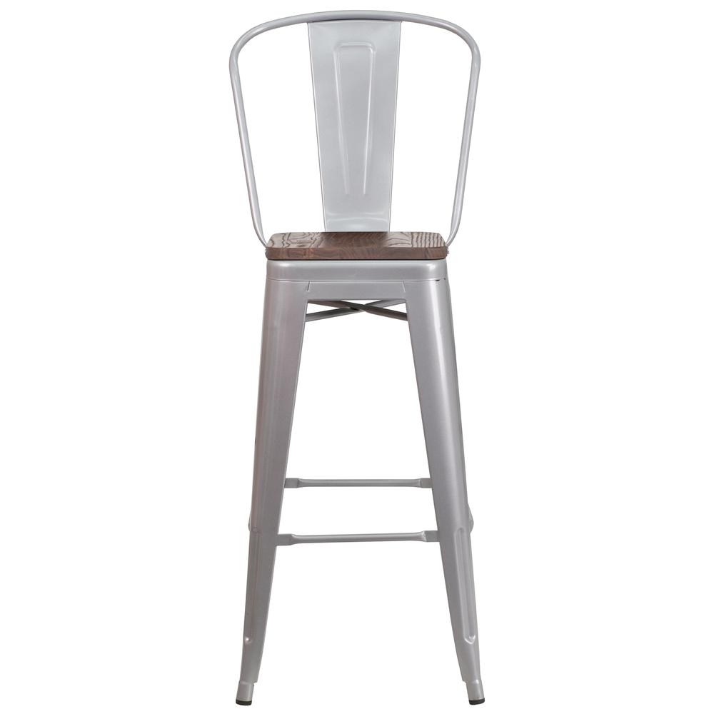 30" High Silver Metal Barstool with Back and Wood Seat. Picture 4