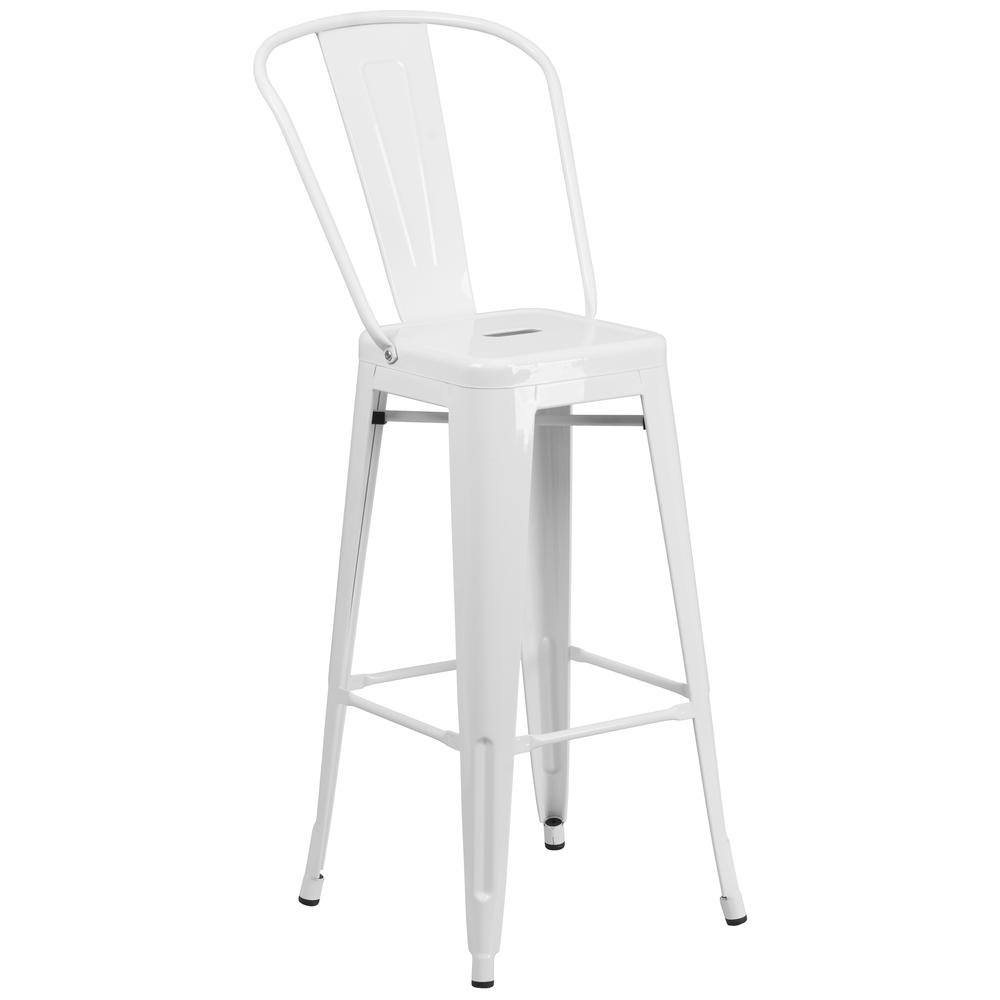 Commercial Grade 30" High White Metal Indoor-Outdoor Barstool with Removable Back. Picture 1