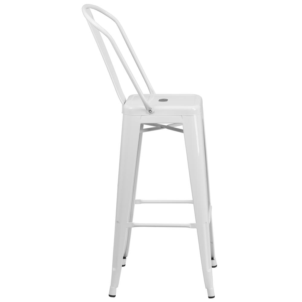 Commercial Grade 30" High White Metal Indoor-Outdoor Barstool with Removable Back. Picture 2