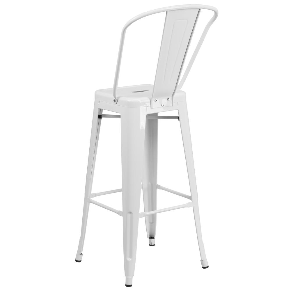 Commercial Grade 30" High White Metal Indoor-Outdoor Barstool with Removable Back. Picture 3