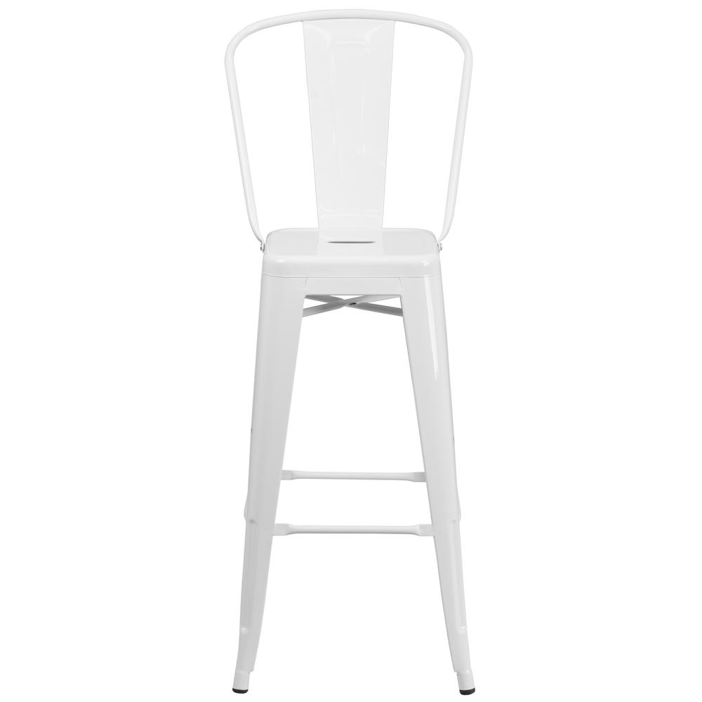 Commercial Grade 30" High White Metal Indoor-Outdoor Barstool with Removable Back. Picture 4