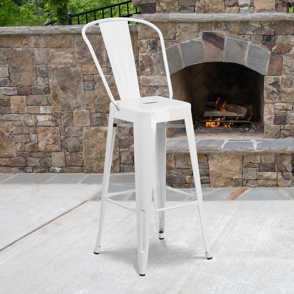Commercial Grade 30" High White Metal Indoor-Outdoor Barstool with Removable Back. Picture 5