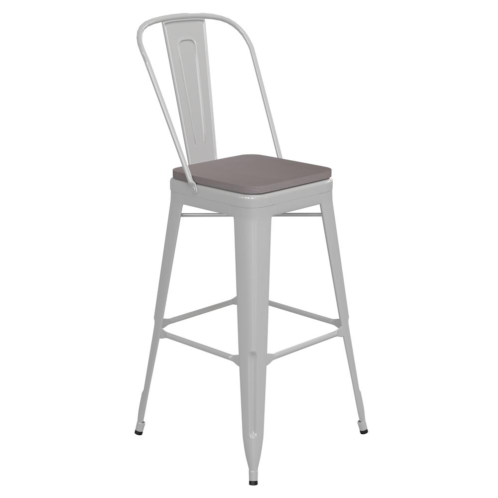 30" High White Metal Bar Height Stool with Gray All-Weather Poly Resin Seat. Picture 2