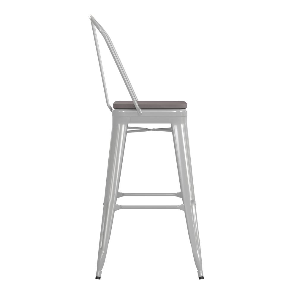 30" High White Metal Bar Height Stool with Gray All-Weather Poly Resin Seat. Picture 10
