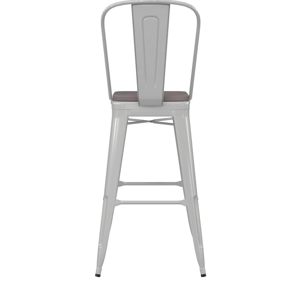 30" High White Metal Bar Height Stool with Gray All-Weather Poly Resin Seat. Picture 9