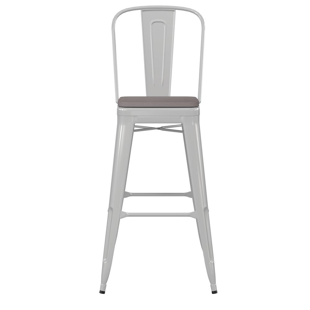 30" High White Metal Bar Height Stool with Gray All-Weather Poly Resin Seat. Picture 11