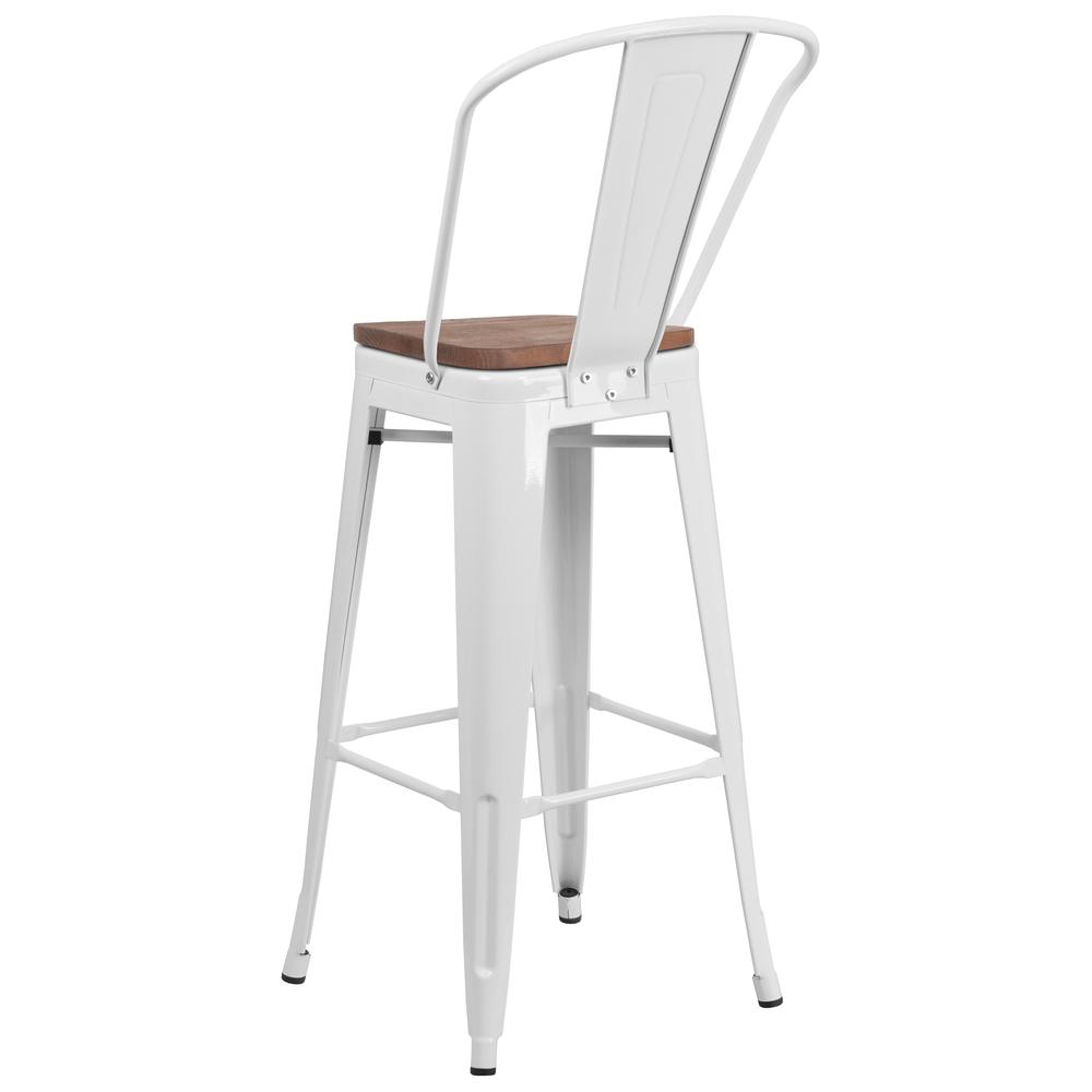 30" High White Metal Barstool with Back and Wood Seat. Picture 3