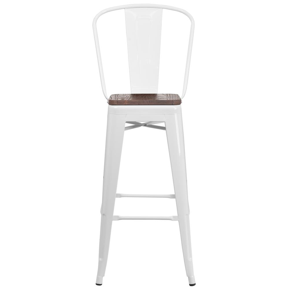 30" High White Metal Barstool with Back and Wood Seat. Picture 4