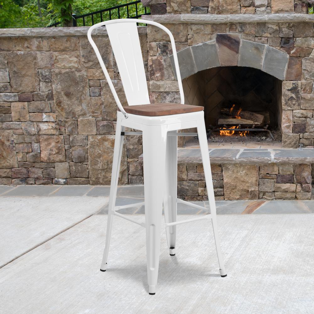 30" High White Metal Barstool with Back and Wood Seat. Picture 5