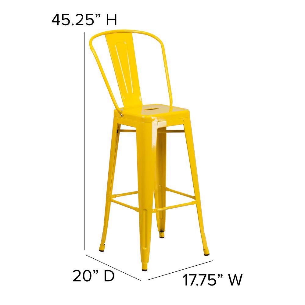 30" High Yellow Metal Bar Height Stool with Teak All-Weather Poly Resin Seat. Picture 5