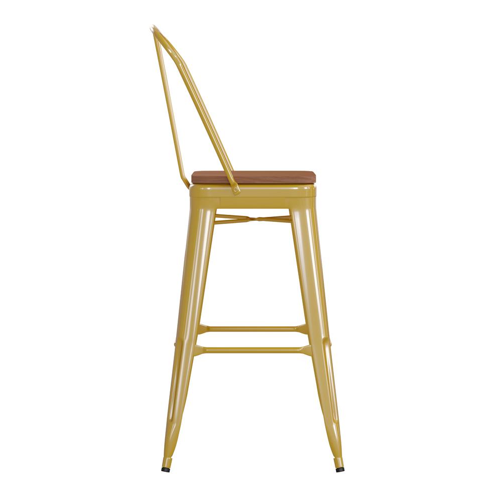 30" High Yellow Metal Bar Height Stool with Teak All-Weather Poly Resin Seat. Picture 10