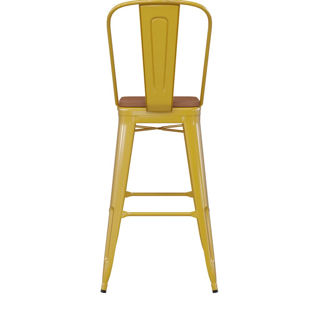 30" High Yellow Metal Bar Height Stool with Teak All-Weather Poly Resin Seat. Picture 9