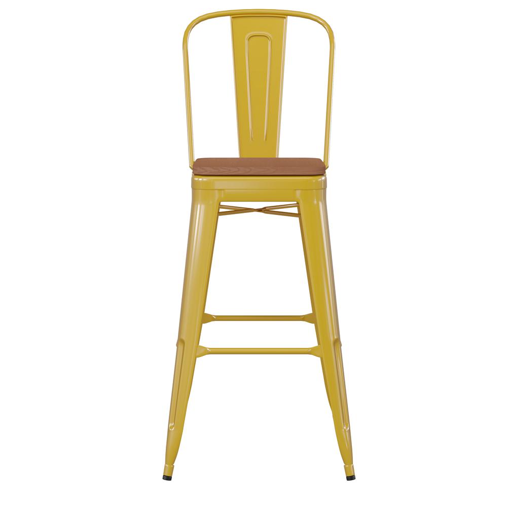 30" High Yellow Metal Bar Height Stool with Teak All-Weather Poly Resin Seat. Picture 11