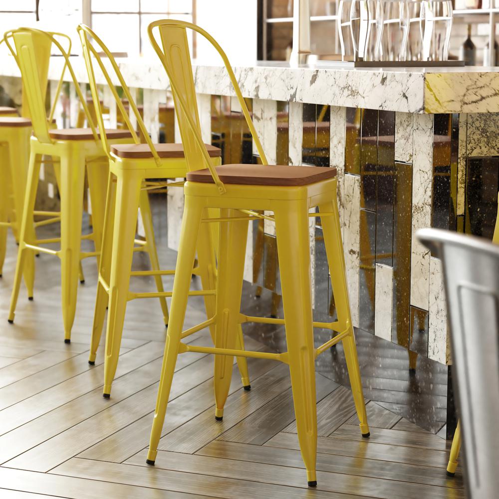 30" High Yellow Metal Bar Height Stool with Teak All-Weather Poly Resin Seat. Picture 1