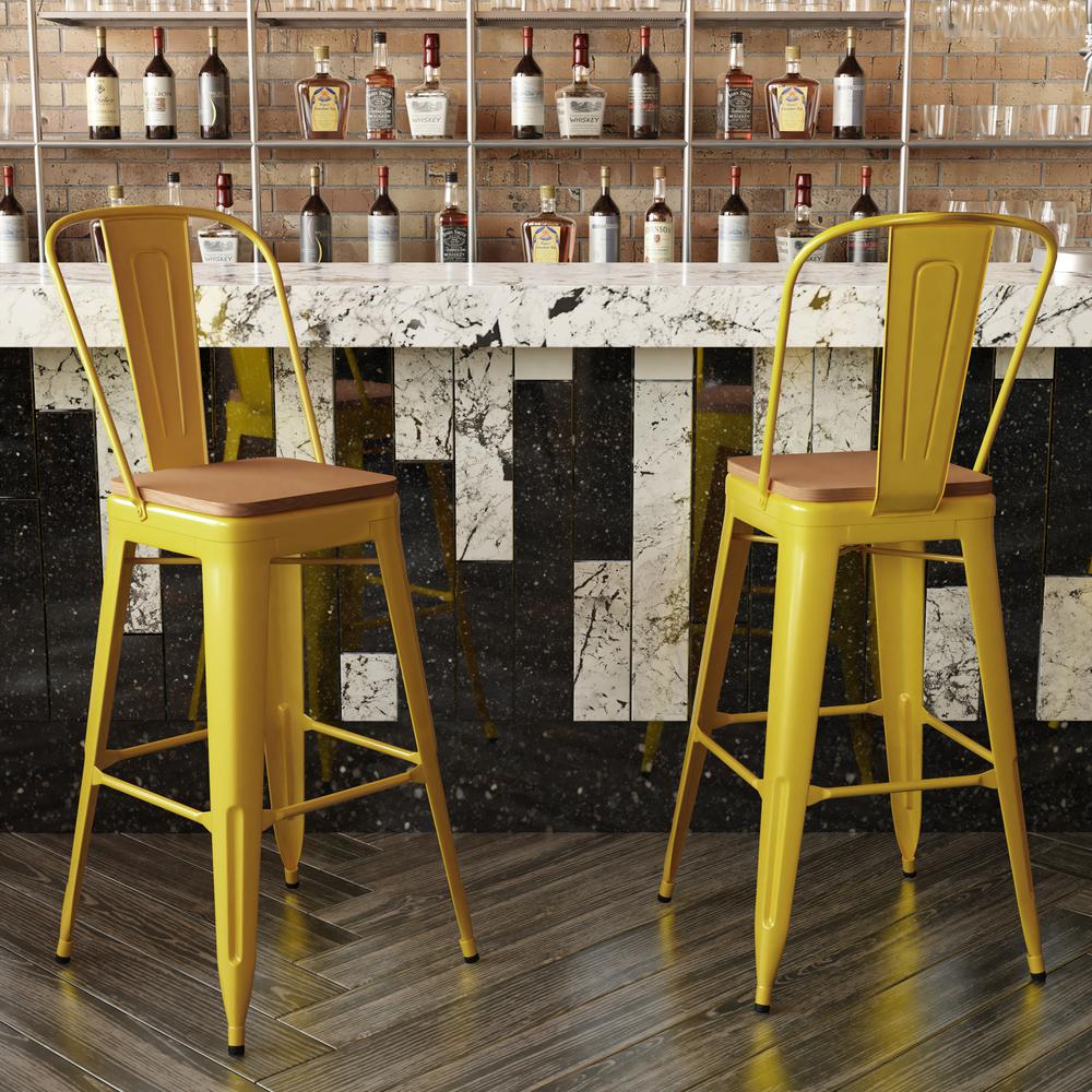 30" High Yellow Metal Bar Height Stool with Teak All-Weather Poly Resin Seat. Picture 7