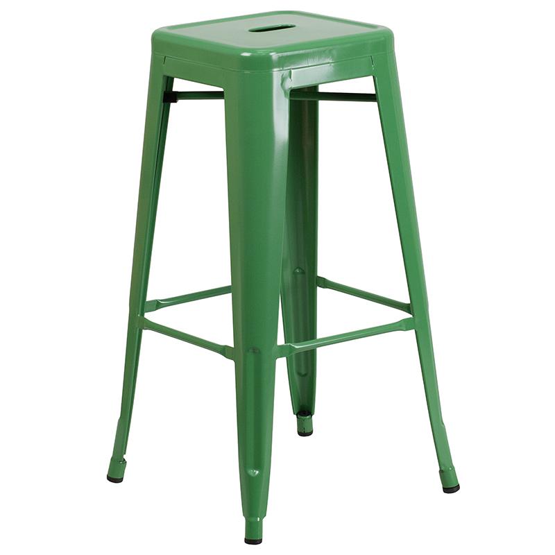 30" High Backless Green Metal Indoor-Outdoor Barstool with Square Seat. Picture 2