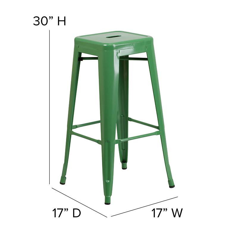 30" High Backless Green Metal Indoor-Outdoor Barstool with Square Seat. Picture 6