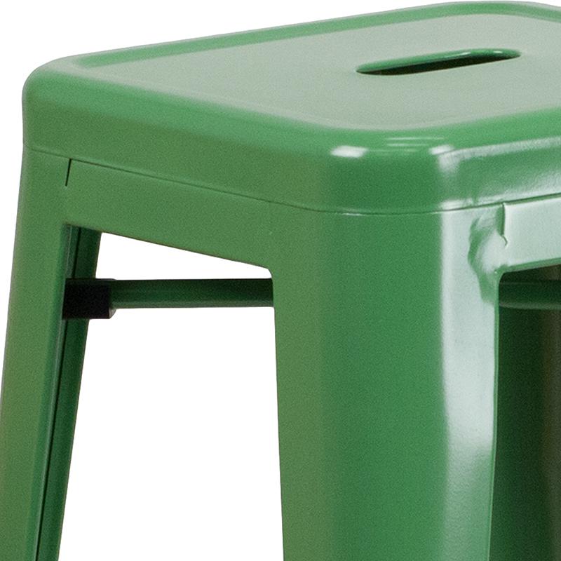 30" High Backless Green Metal Indoor-Outdoor Barstool with Square Seat. Picture 8