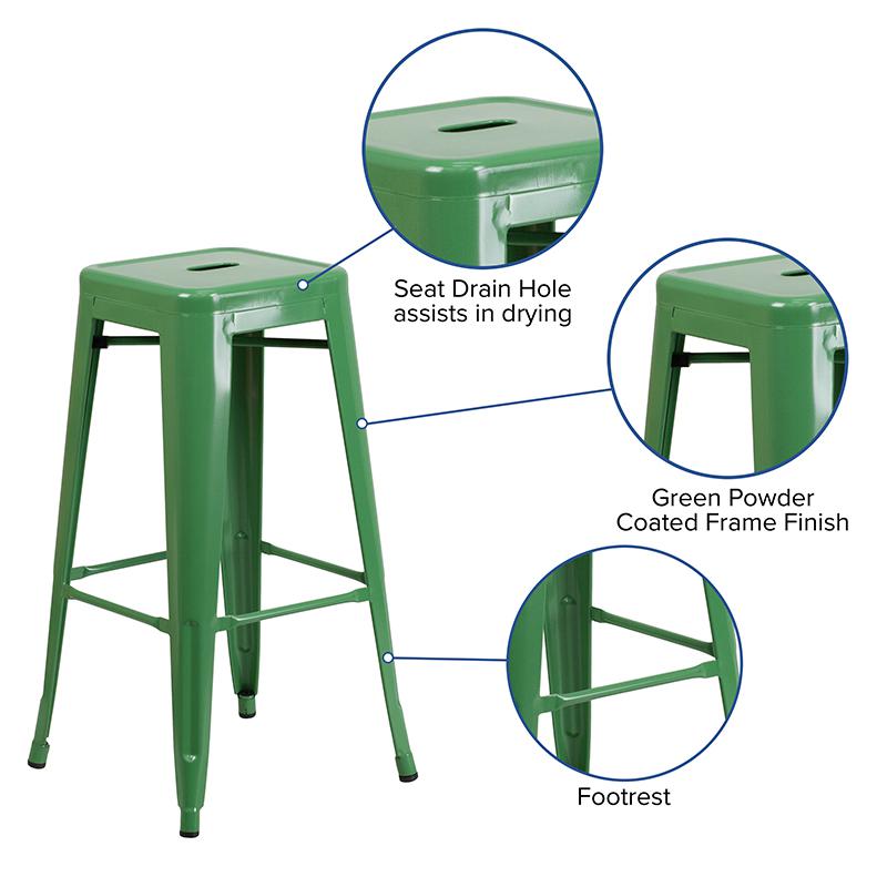 30" High Backless Green Metal Indoor-Outdoor Barstool with Square Seat. Picture 5