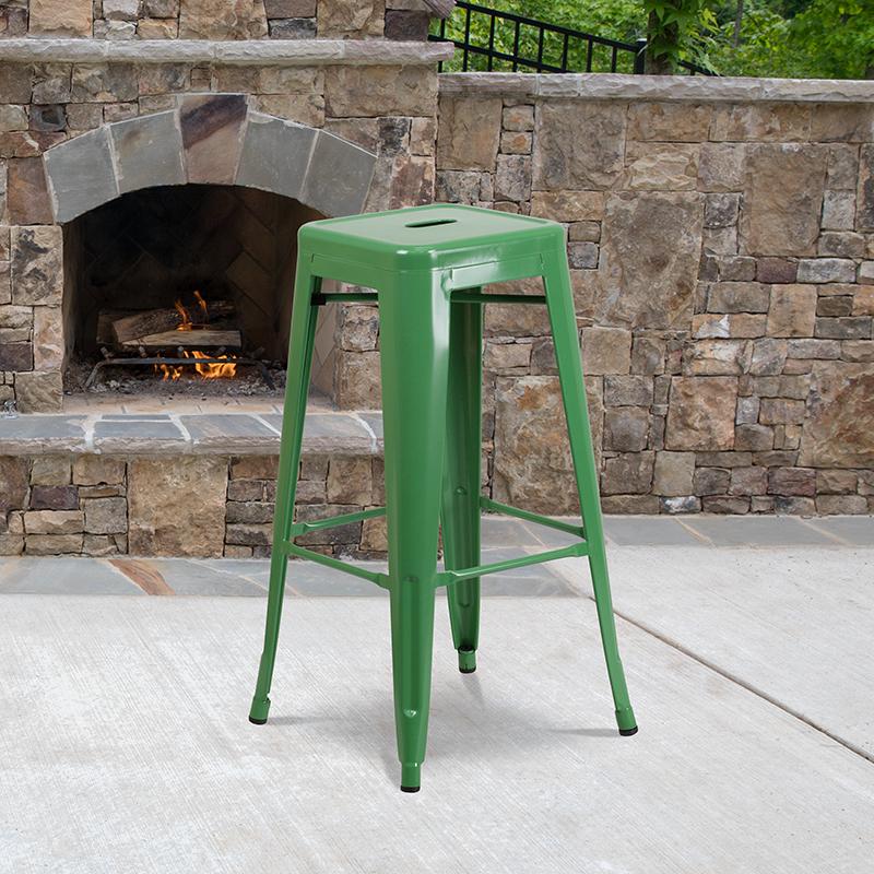 Commercial Grade 30" High Backless Green Metal Indoor-Outdoor Barstool with Square Seat. Picture 5